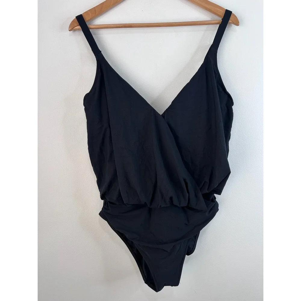 Gottex Profile Black Ruched Surplice One Piece Swimsuit‎ Adjustable Straps Sz 14
